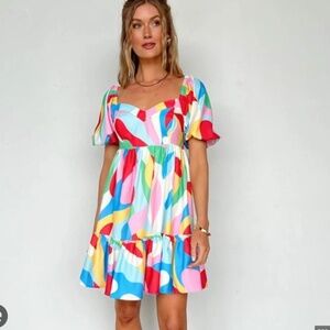NWOT Colorful Puff Sleeve Mini Dress | Size S